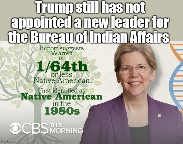 Would be the funniest thing ever | Trump still has not appointed a new leader for the Bureau of Indian Affairs | image tagged in liz warren fake indian cabinet appointment meme | made w/ Imgflip meme maker