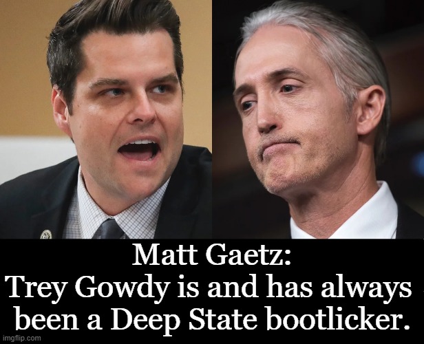 I used to like Trey Gowdy but he changed, I saw it happen & no longer liked him. | Matt Gaetz:

Trey Gowdy is and has always 
been a Deep State bootlicker. | image tagged in matt gaetz,trey gowdy,deep state,fool me once,drain the swamp | made w/ Imgflip meme maker