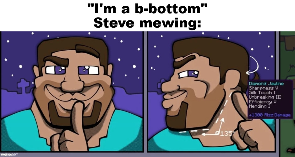 Steve mewing | "I'm a b-bottom"
Steve mewing: | image tagged in steve mewing | made w/ Imgflip meme maker