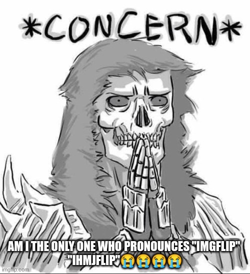 like imagine imgflip but its pronounced how it Is spelled | AM I THE ONLY ONE WHO PRONOUNCES "IMGFLIP" 
"IHMJFLIP"😭😭😭😭 | image tagged in concerned darkwraith | made w/ Imgflip meme maker