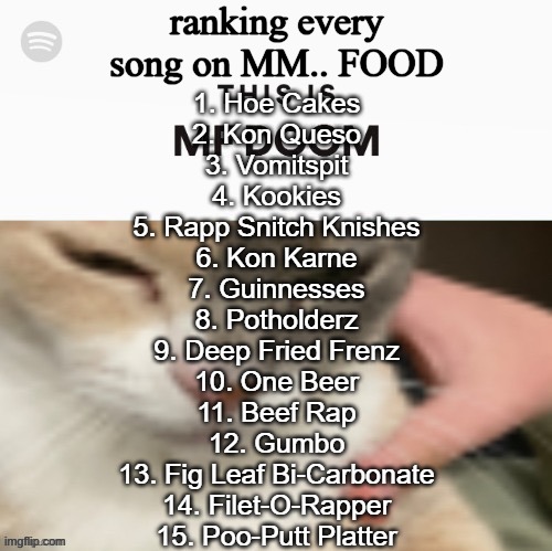 Kon Queso is underrated | ranking every song on MM.. FOOD; 1. Hoe Cakes
2. Kon Queso
3. Vomitspit
4. Kookies
5. Rapp Snitch Knishes
6. Kon Karne
7. Guinnesses
8. Potholderz
9. Deep Fried Frenz
10. One Beer
11. Beef Rap
12. Gumbo
13. Fig Leaf Bi-Carbonate
14. Filet-O-Rapper
15. Poo-Putt Platter | image tagged in this is mf doom | made w/ Imgflip meme maker