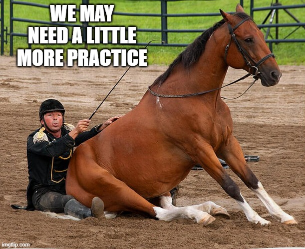 memes by Brad - Horse and rider might need more practice time - humor - | WE MAY NEED A LITTLE MORE PRACTICE | image tagged in funny,sports,horse,funny horse,racing,humor | made w/ Imgflip meme maker