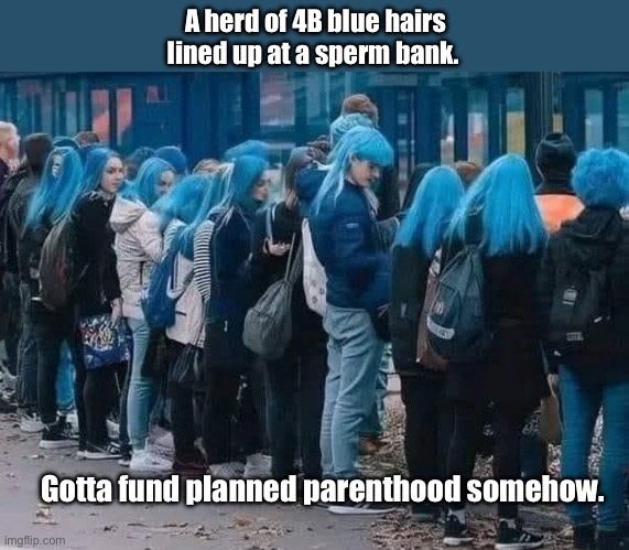 Abstinence is bad for business | A herd of 4B blue hairs lined up at a sperm bank. Gotta fund planned parenthood somehow. | image tagged in politics lol,memes | made w/ Imgflip meme maker