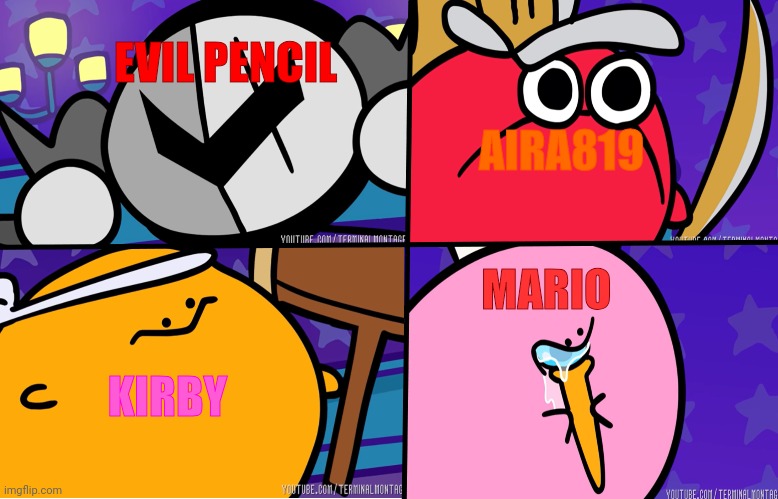 KIRBO | EVIL PENCIL; AIRA819; MARIO; KIRBY | image tagged in kirbo | made w/ Imgflip meme maker