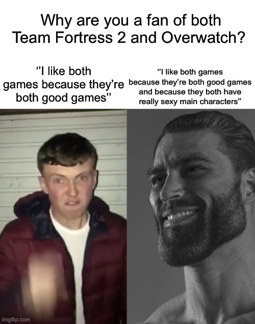 Average Fan vs Average Enjoyer | Why are you a fan of both Team Fortress 2 and Overwatch? ‘’I like both games because they’re both good games and because they both have really sexy main characters’’; ‘’I like both games because they’re both good games’’ | made w/ Imgflip meme maker