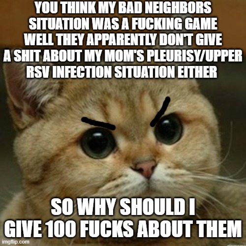 There's fucking well not a living fuck to give about anyone who so much as breathes in a way that opposes my family from now on | YOU THINK MY BAD NEIGHBORS SITUATION WAS A FUCKING GAME WELL THEY APPARENTLY DON'T GIVE A SHIT ABOUT MY MOM'S PLEURISY/UPPER RSV INFECTION SITUATION EITHER; SO WHY SHOULD I GIVE 100 FUCKS ABOUT THEM | image tagged in do you think this is a motherfucking game,memes,asshole,bad neighbors,relatable,no fucks given | made w/ Imgflip meme maker