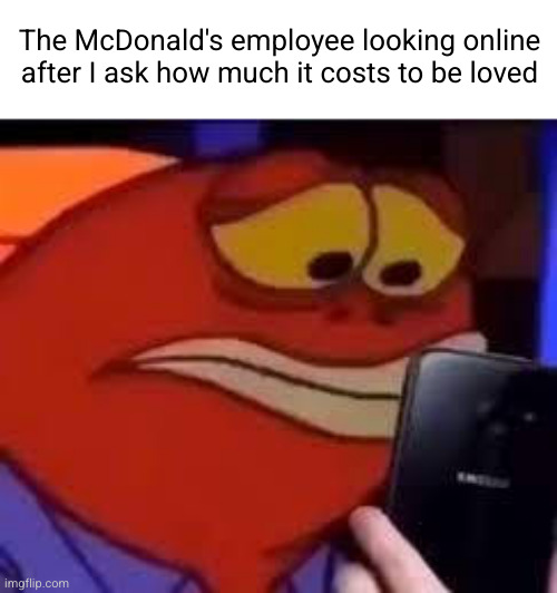 more than I can buy | The McDonald's employee looking online after I ask how much it costs to be loved | image tagged in fish looking at phone sadly,spongebob,mcdonalds,fish,depression,sad | made w/ Imgflip meme maker