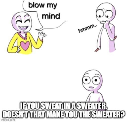 Blow my mind | IF YOU SWEAT IN A SWEATER, DOESN'T THAT MAKE YOU THE SWEATER? | image tagged in blow my mind | made w/ Imgflip meme maker