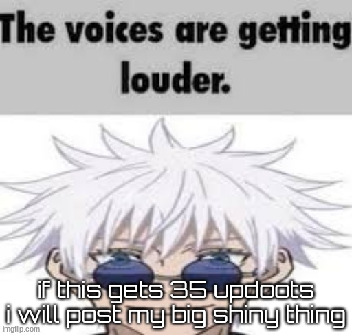 no joke | if this gets 35 updoots i will post my big shiny thing | image tagged in the voices are getting louder | made w/ Imgflip meme maker