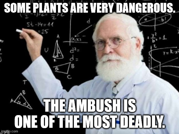 Dad Advice | SOME PLANTS ARE VERY DANGEROUS. THE AMBUSH IS ONE OF THE MOST DEADLY. | image tagged in dr quirk e quark,funny,humor,pun,dad joke | made w/ Imgflip meme maker