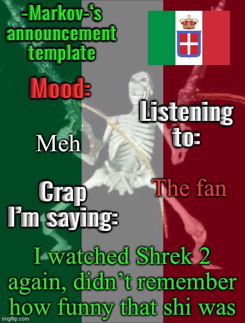 Funny stuff there | Meh; The fan; I watched Shrek 2 again, didn’t remember how funny that shi was | image tagged in -markov- s announcement template | made w/ Imgflip meme maker