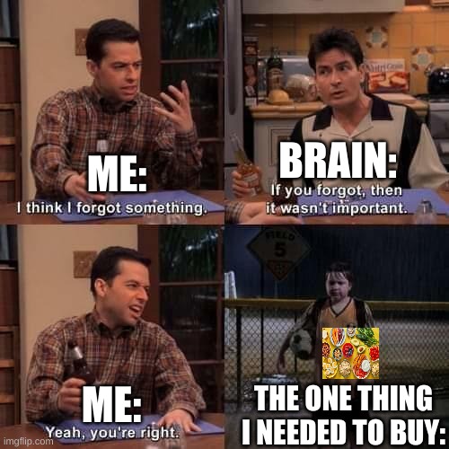 Face palm. | BRAIN:; ME:; ME:; THE ONE THING I NEEDED TO BUY: | image tagged in i think i forgot something,i forgot,food memes,shopping cart,shopping | made w/ Imgflip meme maker