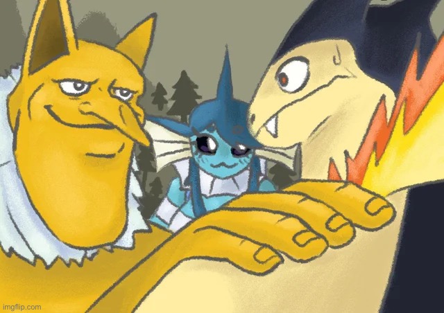 image tagged in typhlosion and co hand on shoulder guy | made w/ Imgflip meme maker