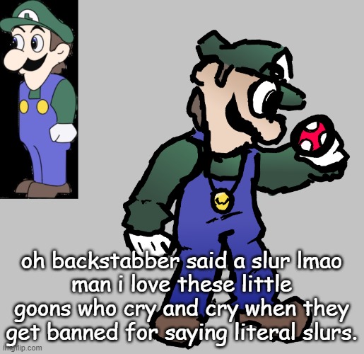 MOD ABUSE GRRR!!!! | oh backstabber said a slur lmao
man i love these little goons who cry and cry when they get banned for saying literal slurs. | image tagged in weegee | made w/ Imgflip meme maker