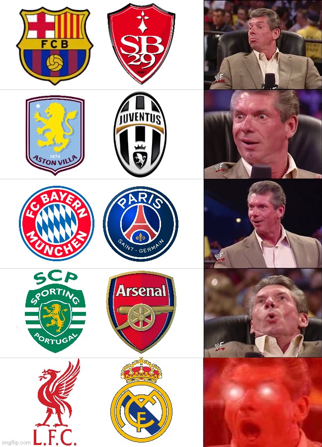 a New UCL Week feat. Bayern-PSG, Sporting Portugal-Arsenal, Liverpool-Madrid, Villa-Juve, Barça-SB29 | image tagged in vince mcmahon reaction,champions league,barcelona,real madrid,bayern munich,liverpool | made w/ Imgflip meme maker