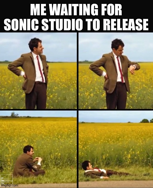 Sonic Studio is a really cool fan project! | ME WAITING FOR SONIC STUDIO TO RELEASE | image tagged in mr bean waiting,sonic,sonic the hedgehog | made w/ Imgflip meme maker