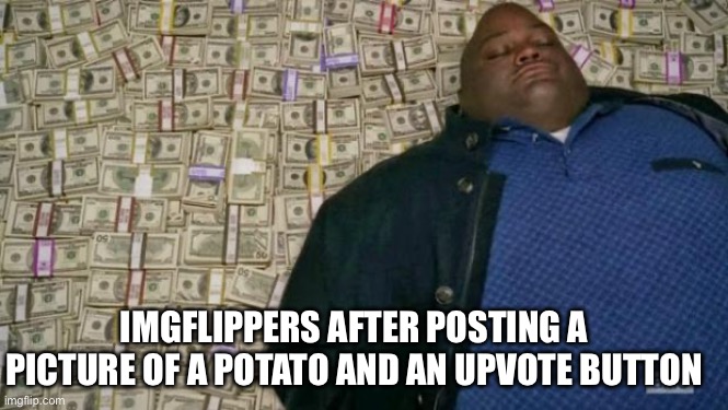 huell money | IMGFLIPPERS AFTER POSTING A PICTURE OF A POTATO AND AN UPVOTE BUTTON | image tagged in huell money | made w/ Imgflip meme maker