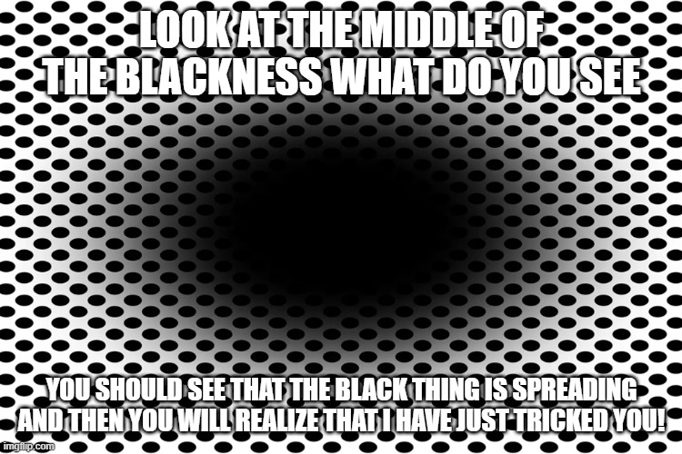 optical illusion | LOOK AT THE MIDDLE OF THE BLACKNESS WHAT DO YOU SEE; YOU SHOULD SEE THAT THE BLACK THING IS SPREADING AND THEN YOU WILL REALIZE THAT I HAVE JUST TRICKED YOU! | image tagged in optical illusion | made w/ Imgflip meme maker