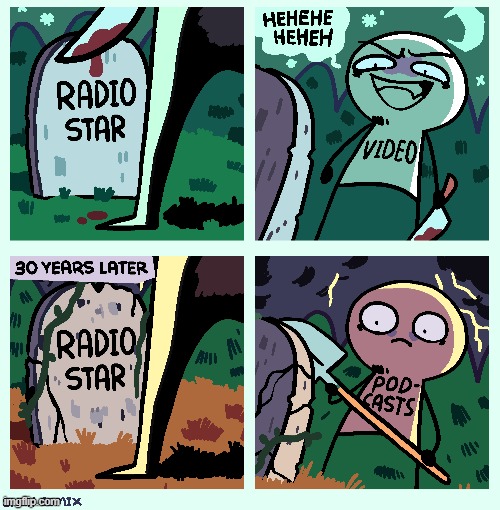 image tagged in video,radio,star,video killed the radio star,grave,podcast | made w/ Imgflip meme maker