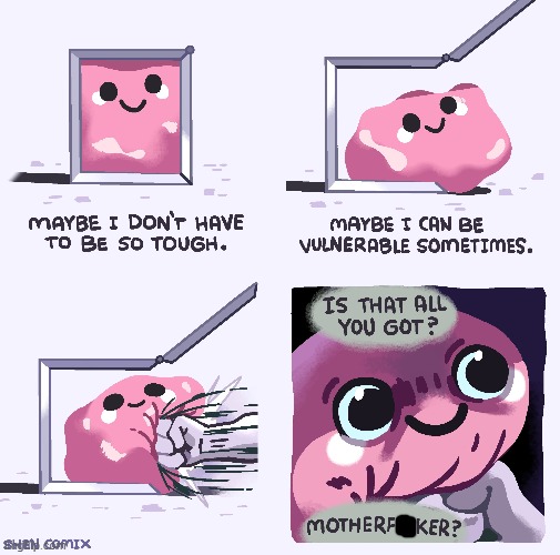 Uh oh, it's gotten stronger... | image tagged in pink blob in the box,tough,vulnerable,punch | made w/ Imgflip meme maker