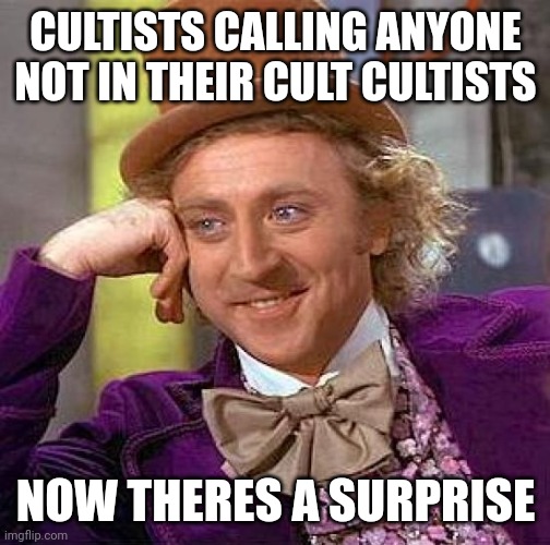 CULTISTS CALLING ANYONE NOT IN THEIR CULT CULTISTS NOW THERES A SURPRISE | image tagged in memes,creepy condescending wonka | made w/ Imgflip meme maker