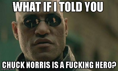 Matrix Morpheus Meme | WHAT IF I TOLD YOU  CHUCK NORRIS IS A F**KING HERO? | image tagged in memes,matrix morpheus | made w/ Imgflip meme maker