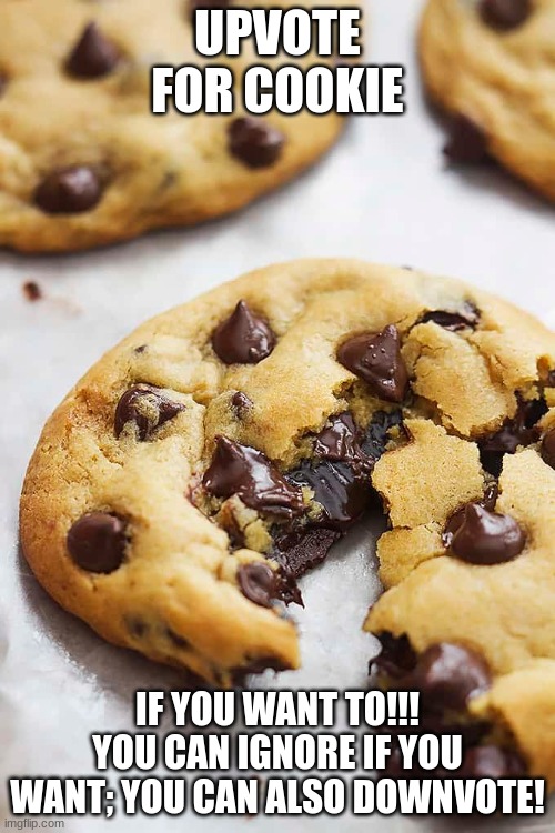 Cookie | UPVOTE FOR COOKIE; IF YOU WANT TO!!! YOU CAN IGNORE IF YOU WANT; YOU CAN ALSO DOWNVOTE! | image tagged in cookie | made w/ Imgflip meme maker