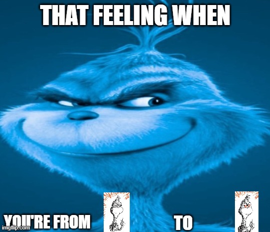 That Feeling When Meme | THAT FEELING WHEN; YOU'RE FROM; TO | image tagged in the blue grinch | made w/ Imgflip meme maker