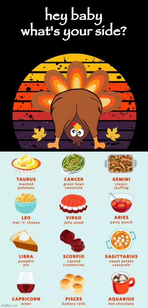 Astrological Sides | hey baby
what's your side? | image tagged in funny memes,thanksgiving,astrology | made w/ Imgflip meme maker