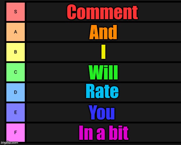 Tier List | Comment; And; I; Will; Rate; You; In a bit | image tagged in tier list | made w/ Imgflip meme maker