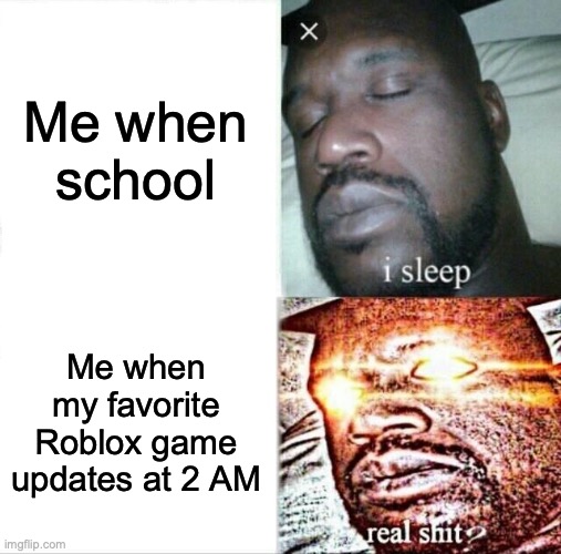 Sleeping Shaq Meme | Me when school; Me when my favorite Roblox game updates at 2 AM | image tagged in memes,sleeping shaq | made w/ Imgflip meme maker