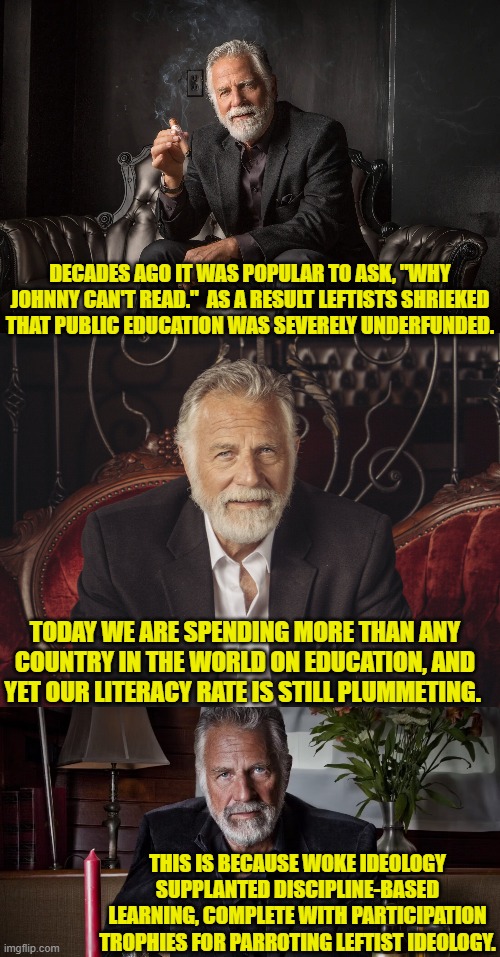 Again, this isn't in the realm of rocket science.  It's not hard to figure it out! | DECADES AGO IT WAS POPULAR TO ASK, "WHY JOHNNY CAN'T READ."  AS A RESULT LEFTISTS SHRIEKED THAT PUBLIC EDUCATION WAS SEVERELY UNDERFUNDED. TODAY WE ARE SPENDING MORE THAN ANY COUNTRY IN THE WORLD ON EDUCATION, AND YET OUR LITERACY RATE IS STILL PLUMMETING. THIS IS BECAUSE WOKE IDEOLOGY SUPPLANTED DISCIPLINE-BASED LEARNING, COMPLETE WITH PARTICIPATION TROPHIES FOR PARROTING LEFTIST IDEOLOGY. | image tagged in yep | made w/ Imgflip meme maker