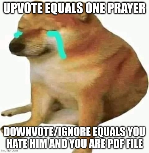 cheems crying | UPVOTE EQUALS ONE PRAYER; DOWNVOTE/IGNORE EQUALS YOU HATE HIM AND YOU ARE PDF FILE | image tagged in cheems crying | made w/ Imgflip meme maker