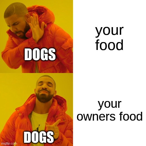 free epic Haixian | your food; DOGS; your owners food; DOGS | image tagged in memes,drake hotline bling | made w/ Imgflip meme maker