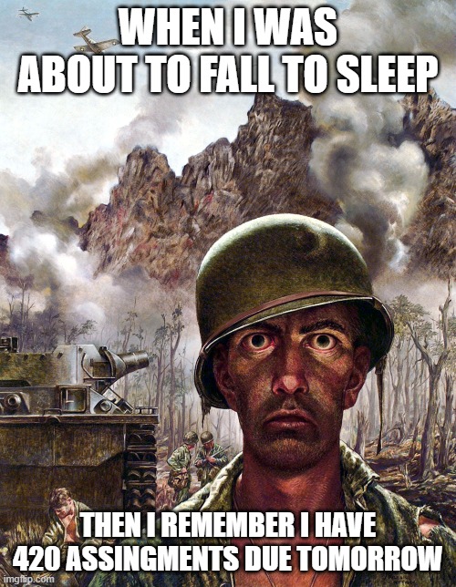 1000 yard stare | WHEN I WAS ABOUT TO FALL TO SLEEP; THEN I REMEMBER I HAVE 420 ASSINGMENTS DUE TOMORROW | image tagged in 1000 yard stare | made w/ Imgflip meme maker