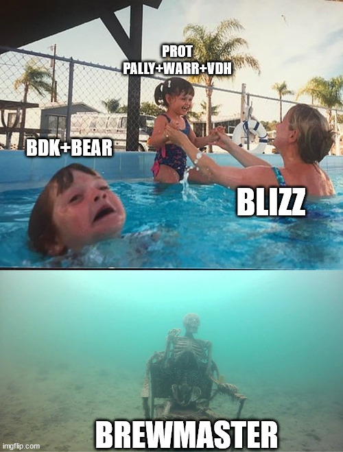 drowning kid + skeleton | PROT PALLY+WARR+VDH; BDK+BEAR; BLIZZ; BREWMASTER | image tagged in drowning kid skeleton | made w/ Imgflip meme maker