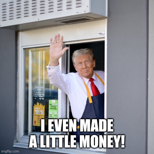 Trump McDonald's Drive-thru | I EVEN MADE A LITTLE MONEY! | image tagged in trump mcdonald's drive-thru | made w/ Imgflip meme maker