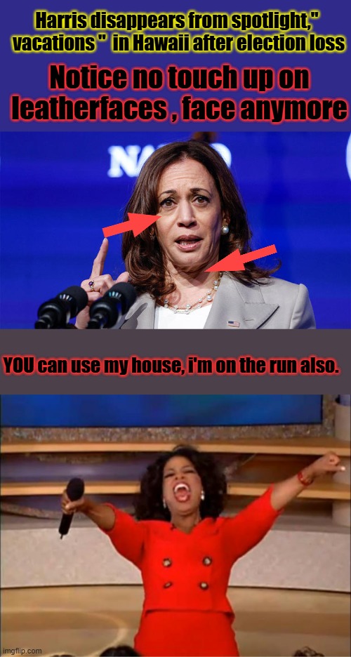 HEY.. where did the airbrushing go ??Oprah loans blue roofed house to Kammie.. REMEMBER the fire, MSM has | Harris disappears from spotlight,"  vacations "  in Hawaii after election loss; Notice no touch up on leatherfaces , face anymore; YOU can use my house, i'm on the run also. | image tagged in memes,oprah you get a | made w/ Imgflip meme maker