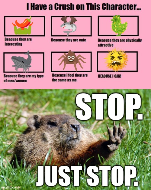 My many crushes | STOP. JUST STOP. | image tagged in i have a crush on this character,just stop groundhog | made w/ Imgflip meme maker