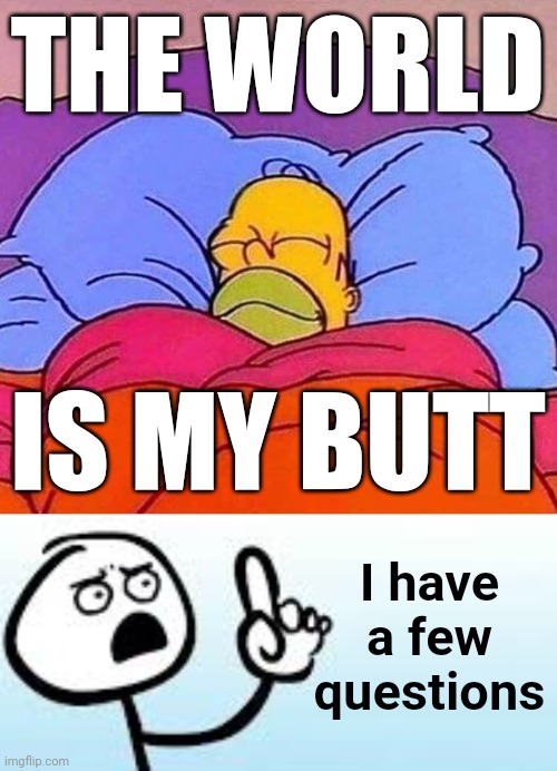 Inner peace | THE WORLD; IS MY BUTT; I have a few questions | image tagged in homer simpson sleeping peacefully,holding up finger | made w/ Imgflip meme maker