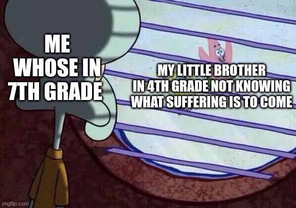 I just felt the need to make this | ME WHOSE IN 7TH GRADE; MY LITTLE BROTHER IN 4TH GRADE NOT KNOWING WHAT SUFFERING IS TO COME | image tagged in squidward window | made w/ Imgflip meme maker