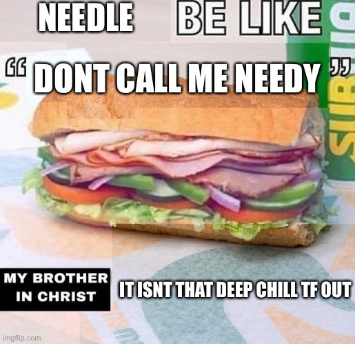 (Match: Real af) | NEEDLE; DONT CALL ME NEEDY; IT ISNT THAT DEEP CHILL TF OUT | image tagged in x be like x my brother in christ x | made w/ Imgflip meme maker