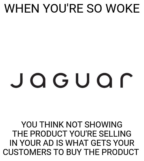 And thinking doubling down on your hate for your customer base is the right strategy. | WHEN YOU'RE SO WOKE; YOU THINK NOT SHOWING THE PRODUCT YOU'RE SELLING IN YOUR AD IS WHAT GETS YOUR CUSTOMERS TO BUY THE PRODUCT | image tagged in new jaguar logo,jaguar,woke,delusional | made w/ Imgflip meme maker