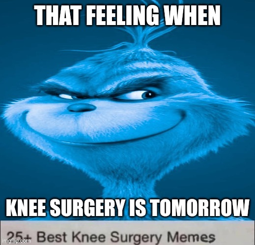 Blue Grinch Knee Surgery template | THAT FEELING WHEN; KNEE SURGERY IS TOMORROW | image tagged in blue grinch knee surgery template | made w/ Imgflip meme maker