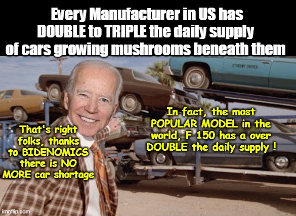 Leaving Trump a steaming bag of shit in EVERY area of Government | Every Manufacturer in US has DOUBLE to TRIPLE the daily supply  of cars growing mushrooms beneath them; In fact, the most POPULAR MODEL in the world, F 150 has a over DOUBLE the daily supply ! That's right folks, thanks to BIDENOMICS there is NO MORE car shortage | image tagged in biden car over supply meme | made w/ Imgflip meme maker