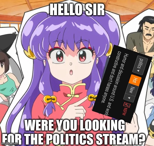 HELLO SIR WERE YOU LOOKING FOR THE POLITICS STREAM? | made w/ Imgflip meme maker