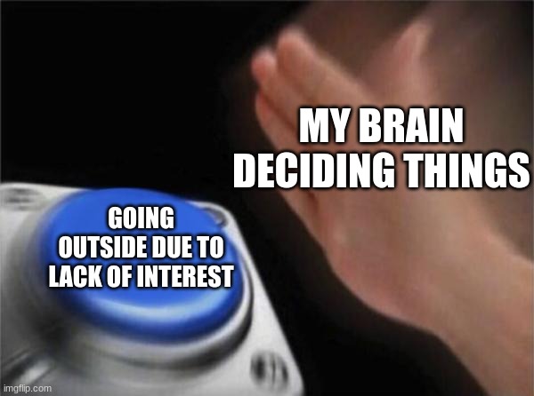 Me deciding things | MY BRAIN DECIDING THINGS; GOING OUTSIDE DUE TO LACK OF INTEREST | image tagged in memes,blank nut button | made w/ Imgflip meme maker