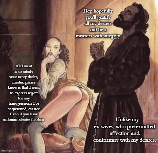 When you are docile merely to appease your husband | Hey, hopefully you'll gratify all my desires and be a mistress with integrity; All I want is to satisfy your every desire, master, please know is that I want to express regret for any transgressions I've perpetrated, master. Even if you have sadomasochistic fetishes. ... Unlike my ex-wives, who pretermitted affection and conformity with my desires. | image tagged in sex jokes,sex,gratification,sadomasochism,bdsm | made w/ Imgflip meme maker