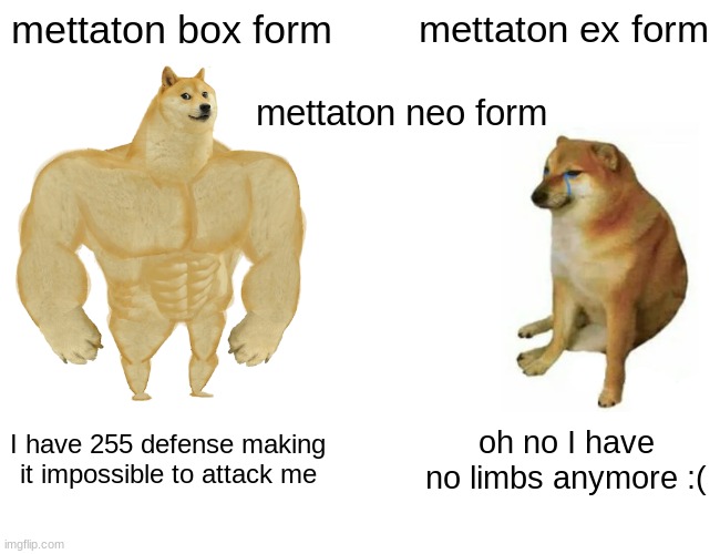 rip | mettaton box form; mettaton ex form; mettaton neo form; I have 255 defense making it impossible to attack me; oh no I have no limbs anymore :( | image tagged in memes,buff doge vs cheems | made w/ Imgflip meme maker