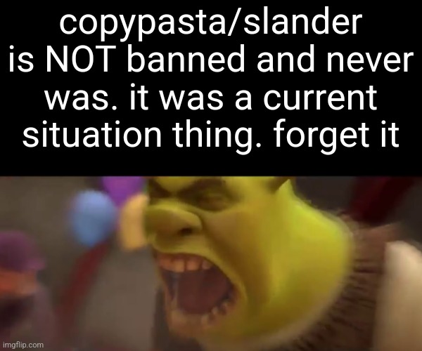 I also told donald not to do anything specifically | copypasta/slander is NOT banned and never was. it was a current situation thing. forget it | image tagged in shrek screaming | made w/ Imgflip meme maker